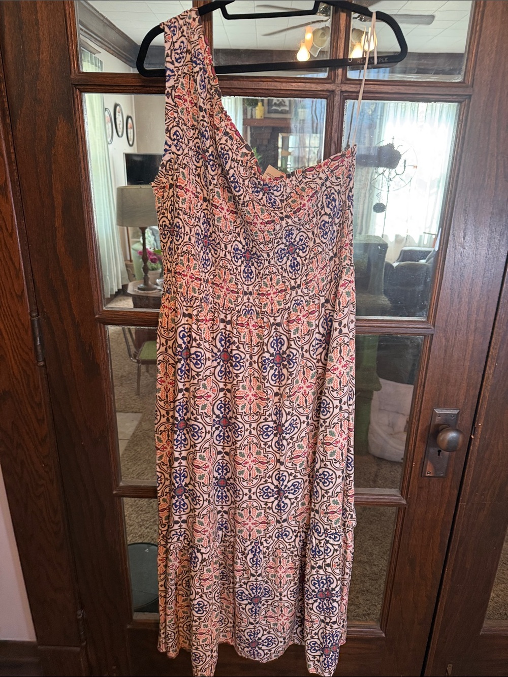 Knox Rose Womens XXL One Shoulder Smocked Midi Dress Boho Tile Print Pockets NWT